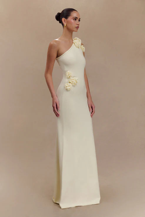 Woman modeling cream one-shoulder maxi dress with floral embellishment — Meshki | Endless UAE