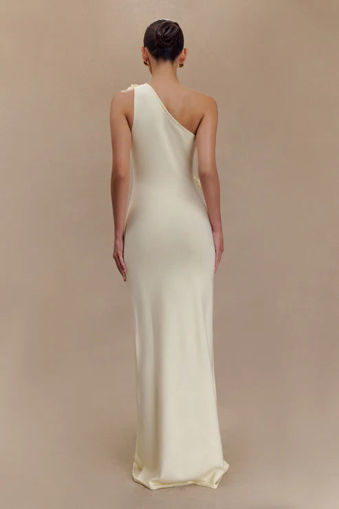 Woman modeling cream one-shoulder maxi dress with floral embellishment — Meshki | Endless UAE