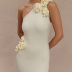 Woman modeling cream one-shoulder maxi dress with floral embellishment — Meshki | Endless UAE