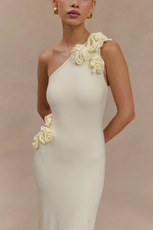 Woman modeling cream one-shoulder maxi dress with floral embellishment — Meshki | Endless UAE