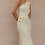 Woman modeling cream one-shoulder maxi dress with floral embellishment — Meshki | Endless UAE