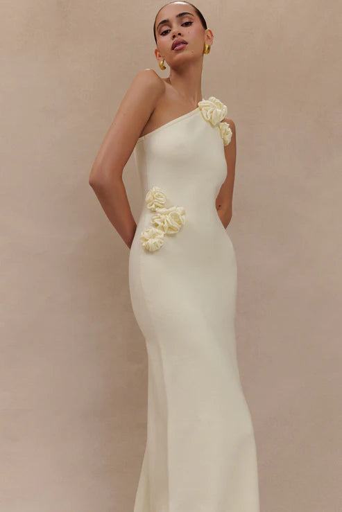 Woman modeling cream one-shoulder maxi dress with floral embellishment — Meshki | Endless UAE