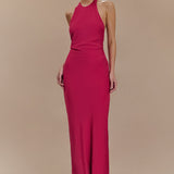 Rinna Satin Halter Maxi Dress in hot pink with ruched waist detail — Meshki | Endless UAE