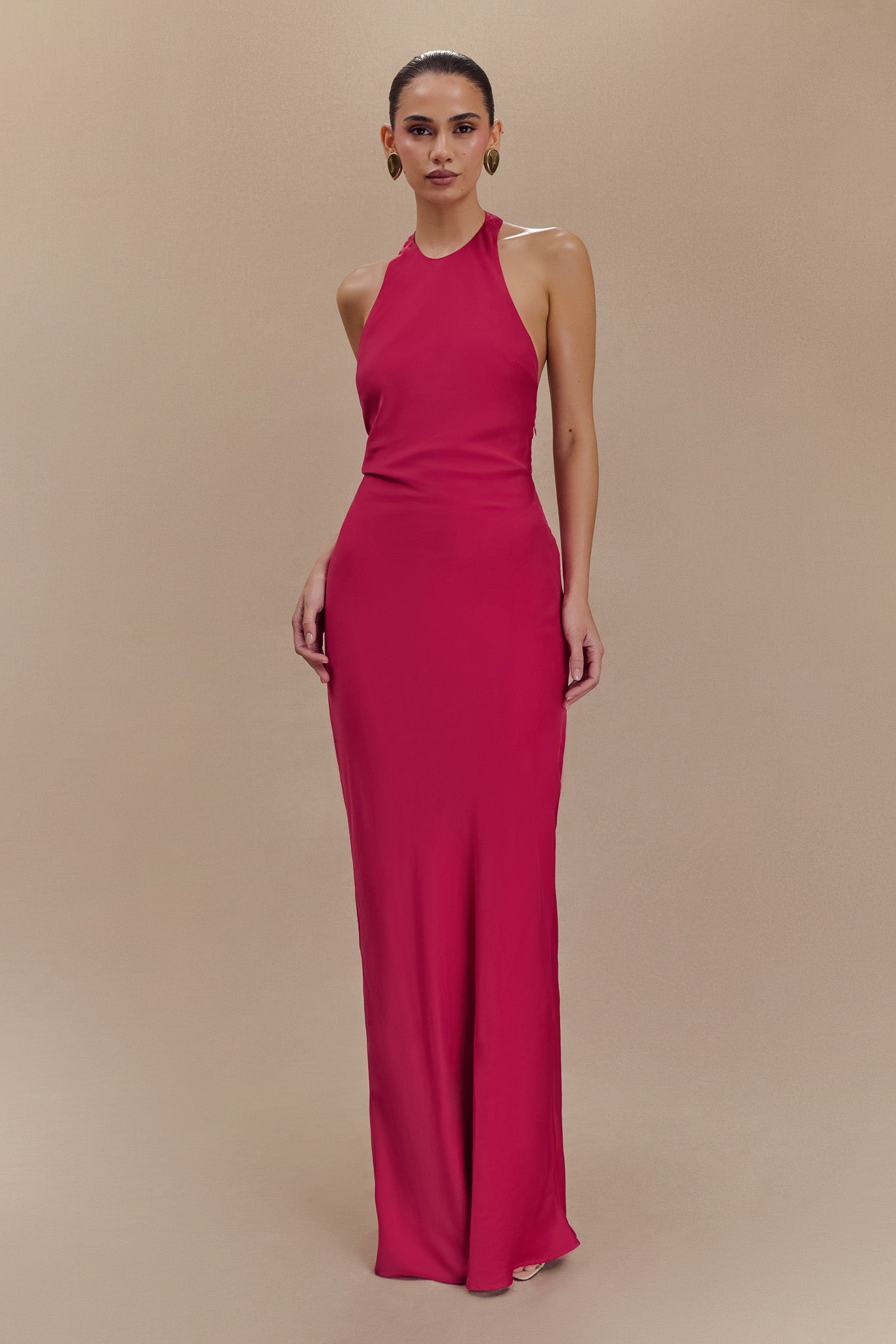 Rinna Satin Halter Maxi Dress in hot pink with ruched waist detail — Meshki | Endless UAE