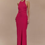 Rinna Satin Halter Maxi Dress in hot pink with ruched waist detail — Meshki | Endless UAE