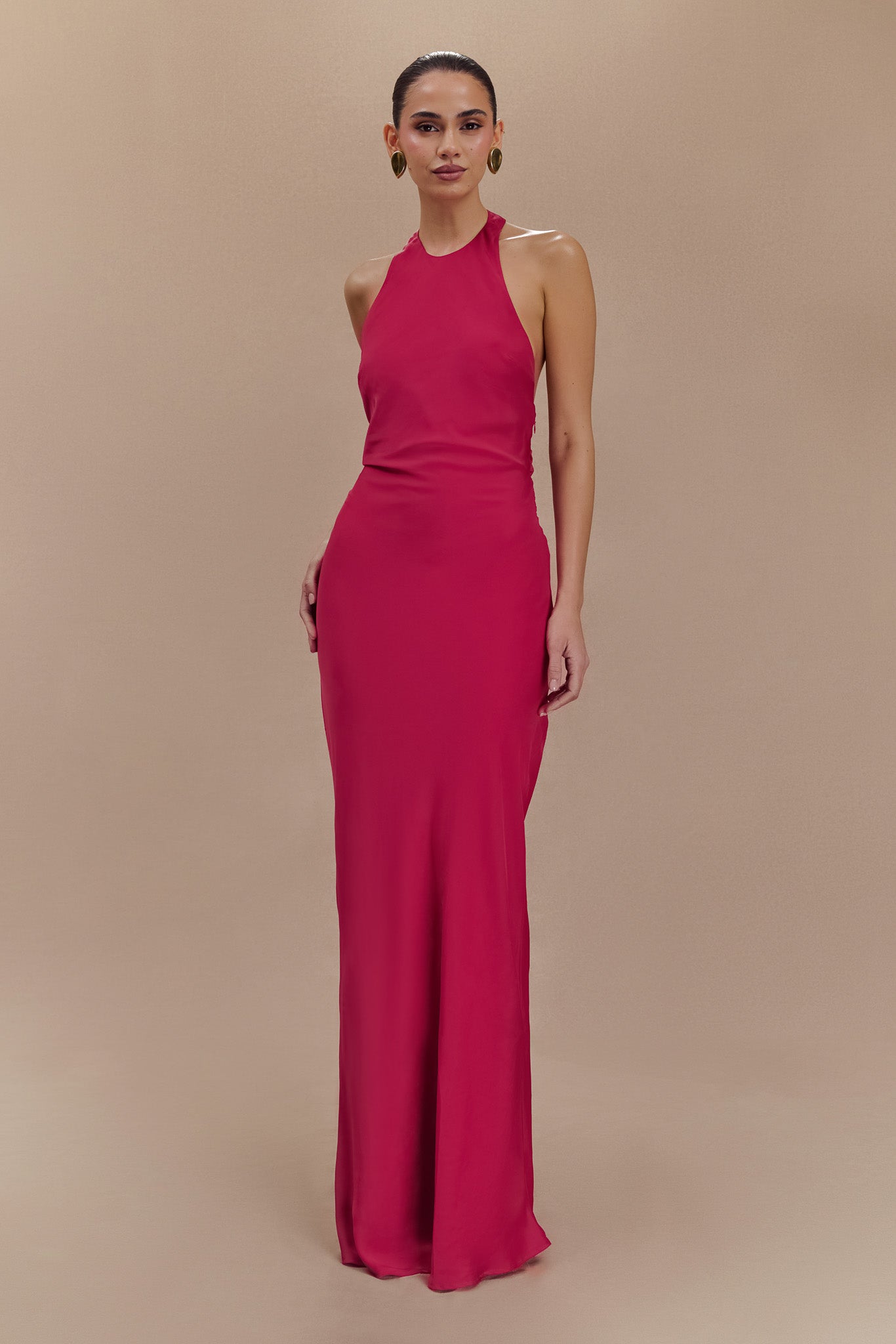 Rinna Satin Halter Maxi Dress in hot pink with ruched waist detail — Meshki | Endless UAE