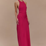 Rinna Satin Halter Maxi Dress in hot pink with ruched waist detail — Meshki | Endless UAE