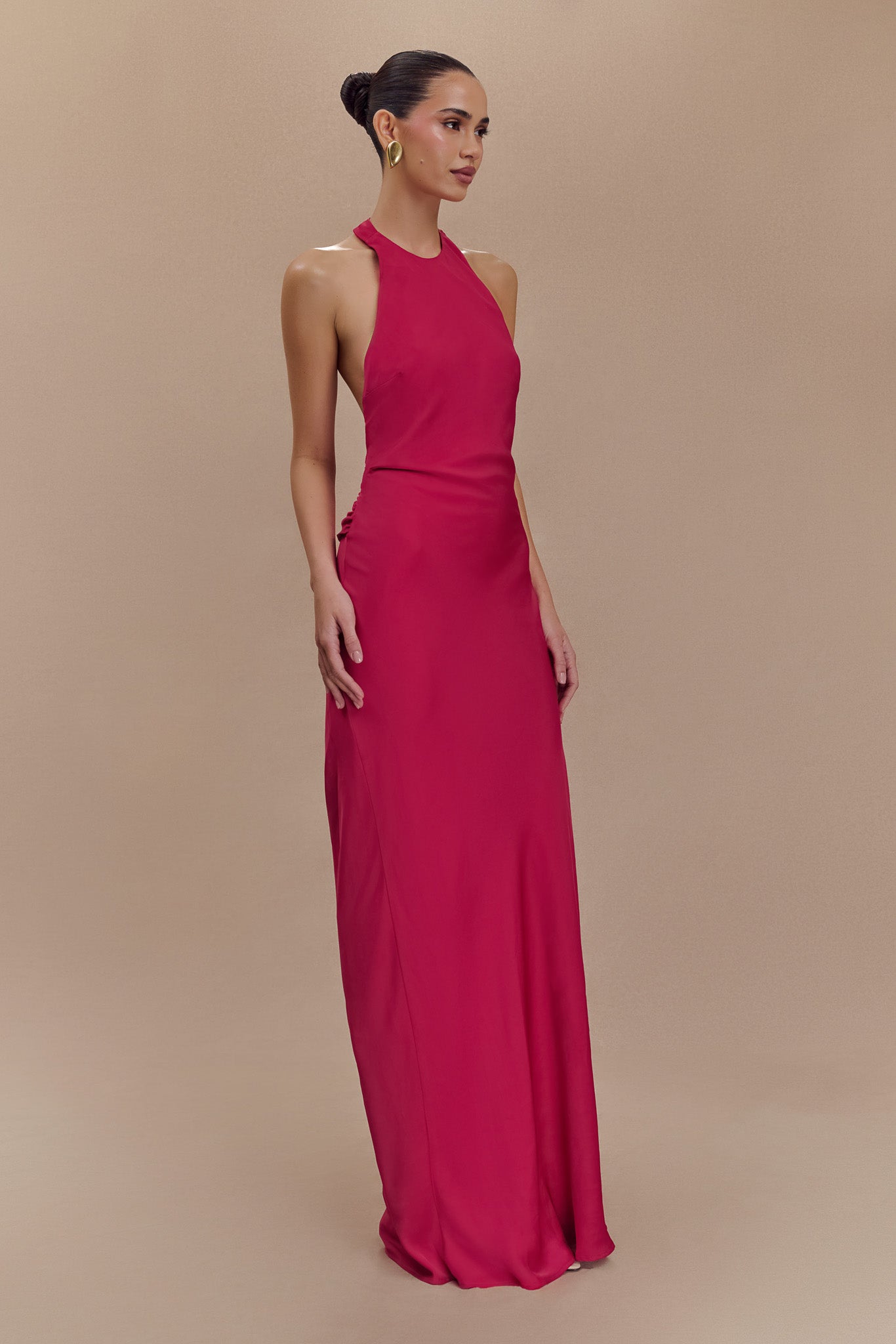 Rinna Satin Halter Maxi Dress in hot pink with ruched waist detail — Meshki | Endless UAE