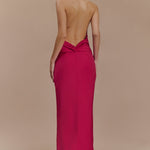 Rinna Satin Halter Maxi Dress in hot pink with ruched waist detail — Meshki | Endless UAE