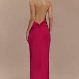 Rinna Satin Halter Maxi Dress in hot pink with ruched waist detail — Meshki | Endless UAE