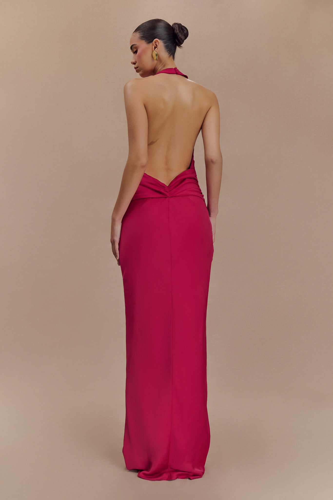 Rinna Satin Halter Maxi Dress in hot pink with ruched waist detail — Meshki | Endless UAE