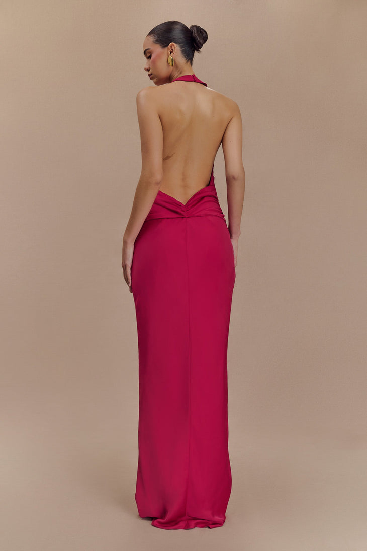 Rinna Satin Halter Maxi Dress in hot pink with ruched waist detail — Meshki | Endless UAE