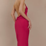 Rinna Satin Halter Maxi Dress in hot pink with ruched waist detail — Meshki | Endless UAE