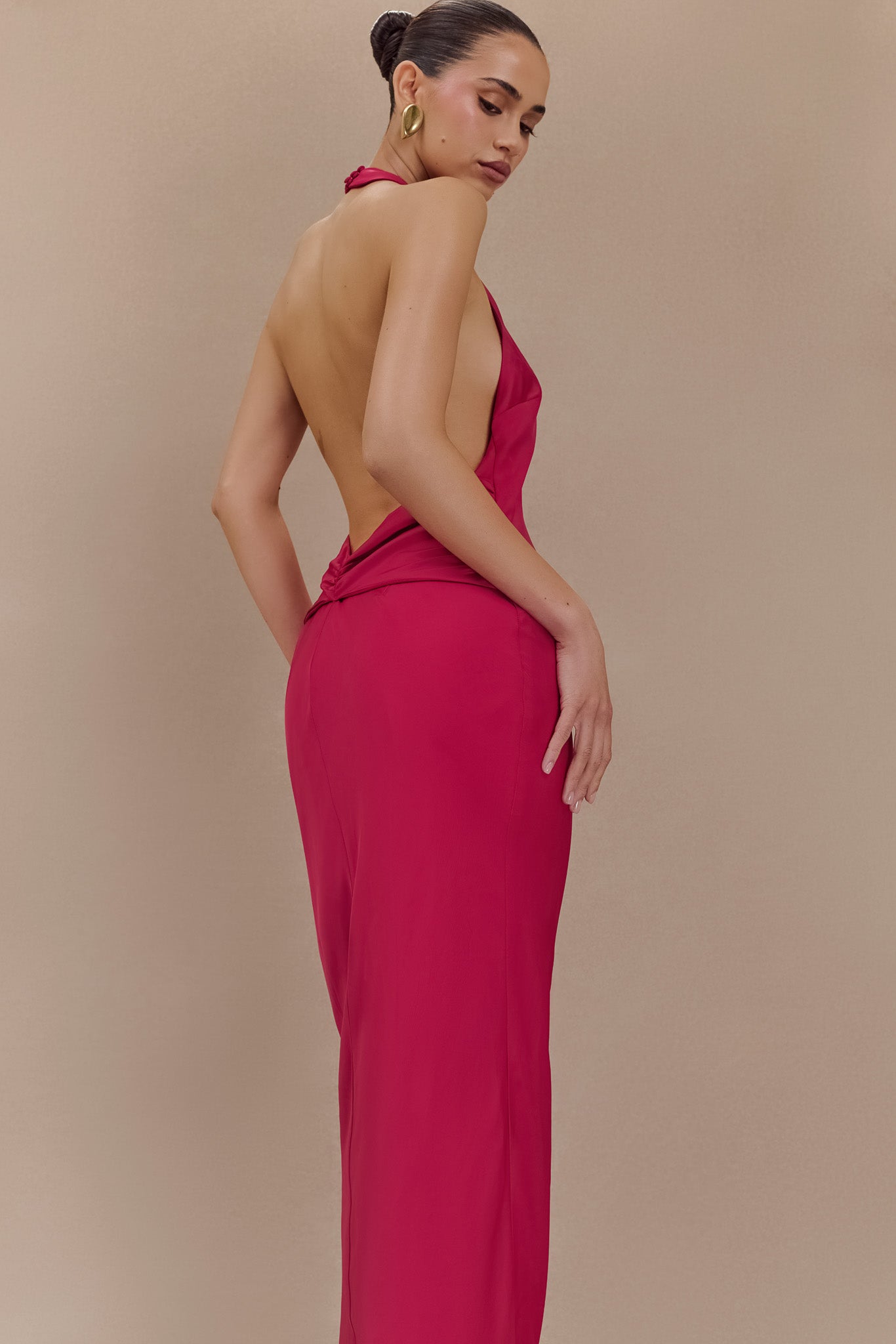 Rinna Satin Halter Maxi Dress in hot pink with ruched waist detail — Meshki | Endless UAE