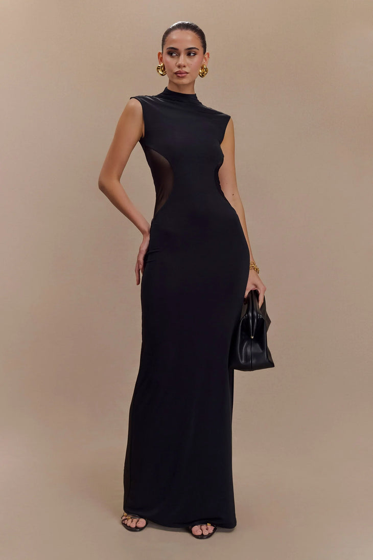 Black sleeveless maxi dress with sheer mesh side cutouts and high neckline — Meshki | Endless UAE