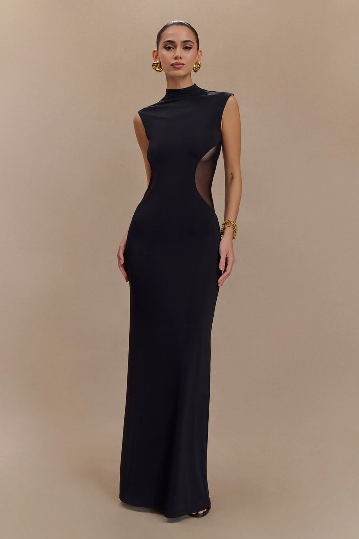 Black sleeveless maxi dress with sheer mesh side cutouts and high neckline — Meshki | Endless UAE