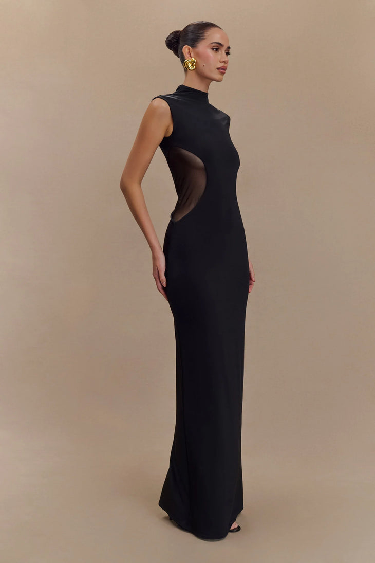 Black sleeveless maxi dress with sheer mesh side cutouts and high neckline — Meshki | Endless UAE