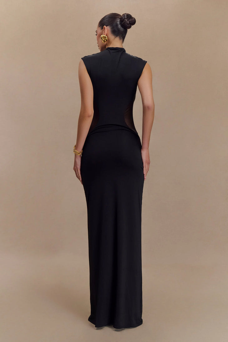 Black sleeveless maxi dress with sheer mesh side cutouts and high neckline — Meshki | Endless UAE