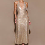 Gold sequin halter midi dress with deep V-neckline — Nadine Merabi | Endless UAE