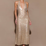 Gold sequin halter midi dress with deep V-neckline — Nadine Merabi | Endless UAE