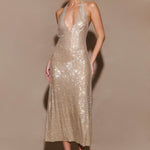 Gold diamante halter midi dress with open back design — Meshki | Endless UAE