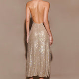 Gold diamante halter midi dress with open back design — Meshki | Endless UAE