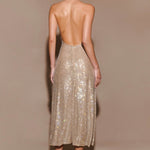 Gold sequin halter midi dress with deep V-neckline — Nadine Merabi | Endless UAE