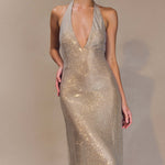 Gold diamante halter midi dress with open back design — Meshki | Endless UAE