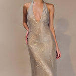 Gold sequin halter midi dress with deep V-neckline — Nadine Merabi | Endless UAE