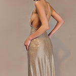 Gold diamante halter midi dress with open back design — Meshki | Endless UAE