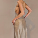 Gold sequin halter midi dress with deep V-neckline — Nadine Merabi | Endless UAE