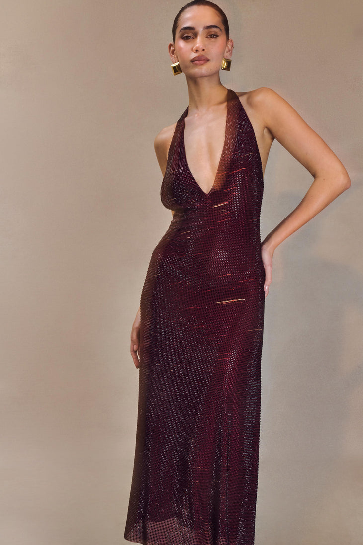 Burgundy diamante-embellished halter midi dress with plunging neckline and fitted silhouette — Meshki | Endless UAE