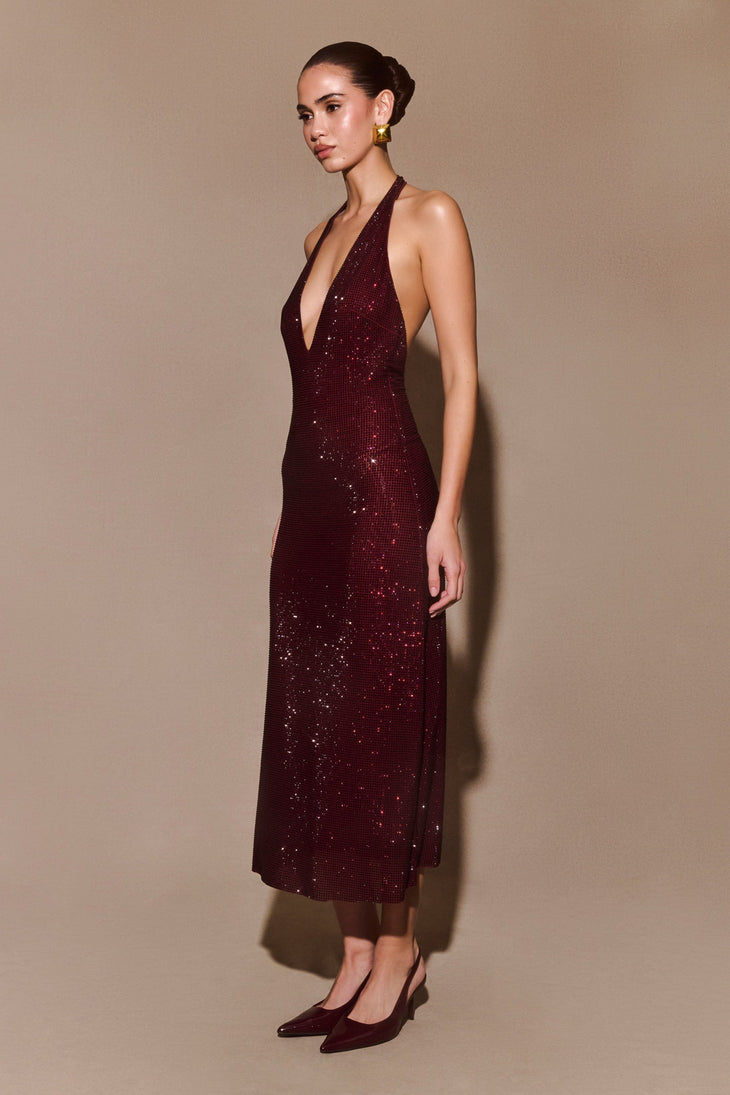 Burgundy sequined halter neck midi dress with plunging neckline and sleeveless design — Meshki | Endless UAE