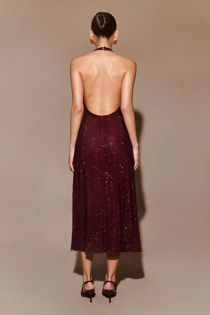 Rear view of burgundy sequined halter midi dress with open back and sparkly embellishments — Meshki | Endless UAE