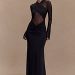 Black slinky maxi dress with mesh long sleeves and cutout details — Meshki | Endless UAE