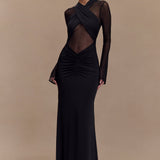 Black slinky maxi dress with mesh long sleeves and cutout details — Meshki | Endless UAE