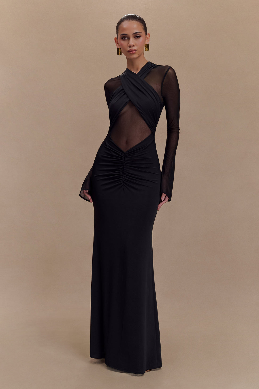 Black slinky maxi dress with mesh long sleeves and cutout details — Meshki | Endless UAE