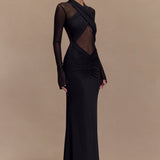 Black slinky maxi dress with mesh long sleeves and cutout details — Meshki | Endless UAE