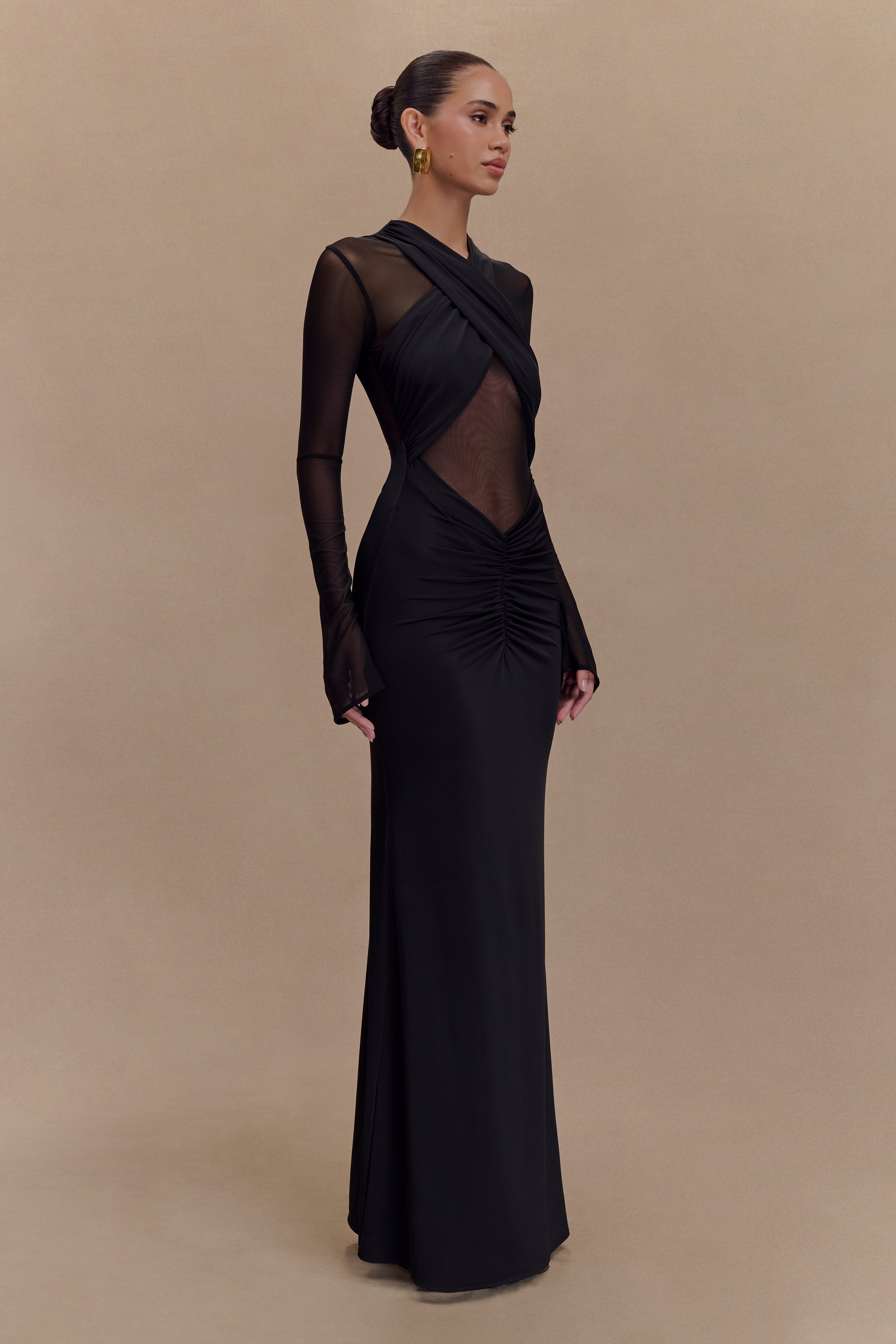 Black slinky maxi dress with mesh long sleeves and cutout details — Meshki | Endless UAE