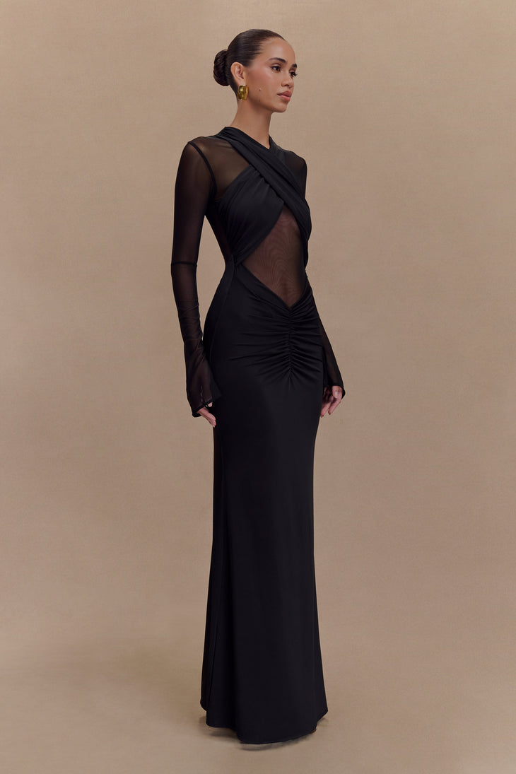 Black slinky maxi dress with mesh long sleeves and cutout details — Meshki | Endless UAE