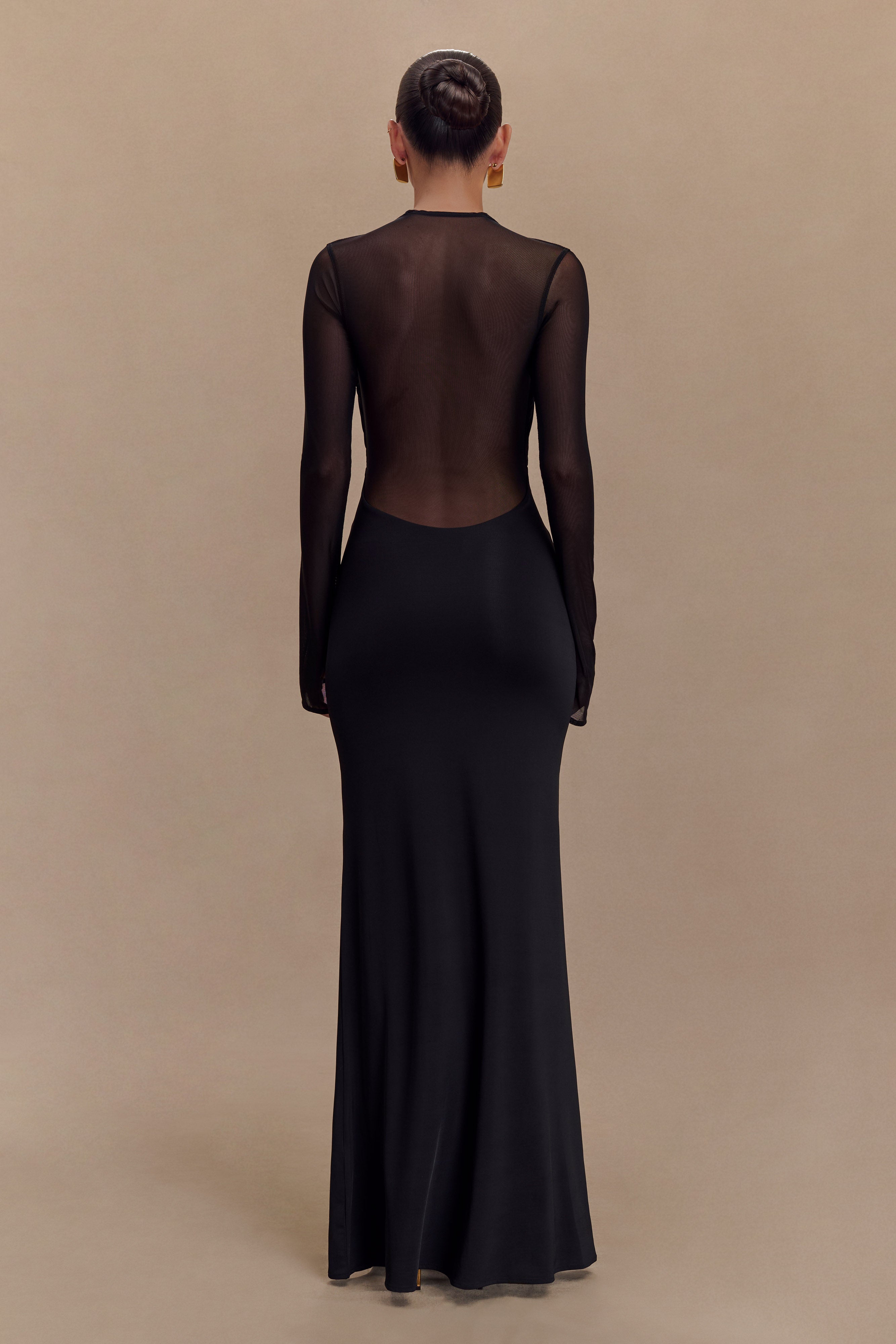 Black slinky maxi dress with mesh long sleeves and cutout details — Meshki | Endless UAE