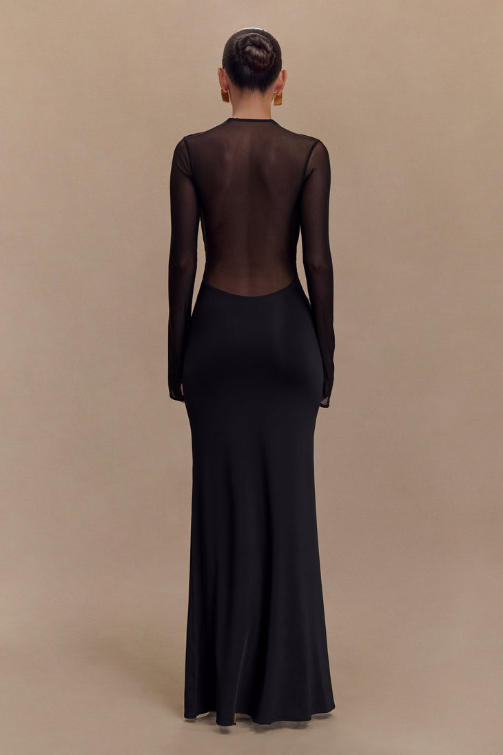 Black slinky maxi dress with mesh long sleeves and cutout details — Meshki | Endless UAE
