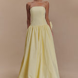 Pale yellow strapless maxi dress with fitted bodice and gathered full-length skirt — Meshki | Endless UAE