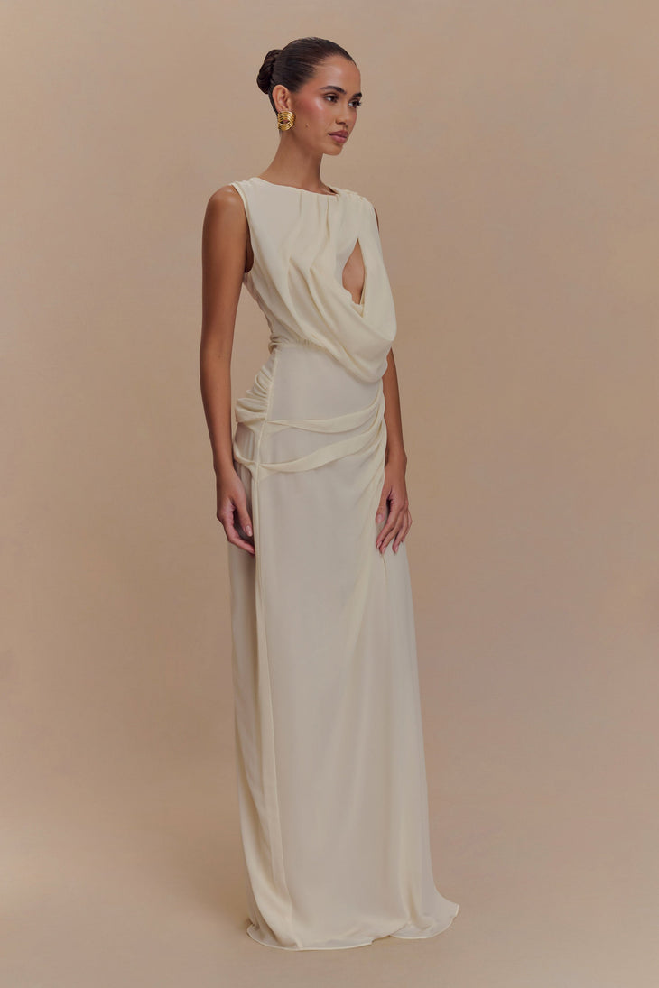 Elegant cream sleeveless maxi dress with draped silhouette and side cutout detail — Meshki | Endless UAE