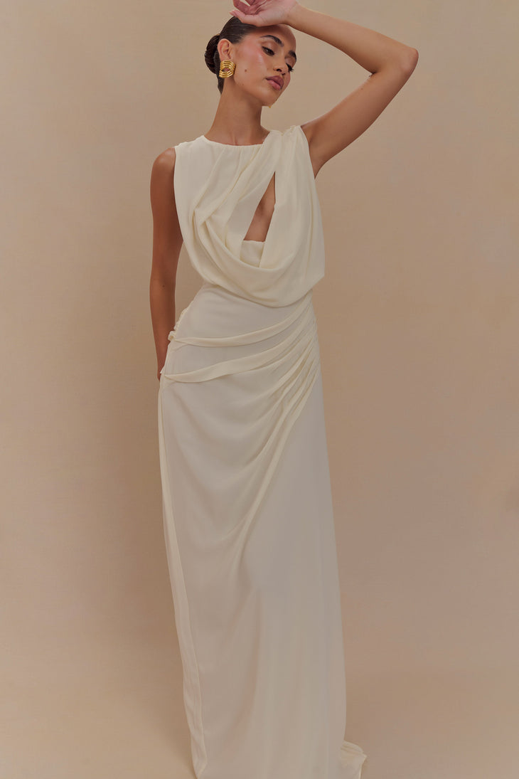 Elegant white sleeveless draped chiffon maxi dress with cutout detail and ruched waist — Meshki | Endless UAE