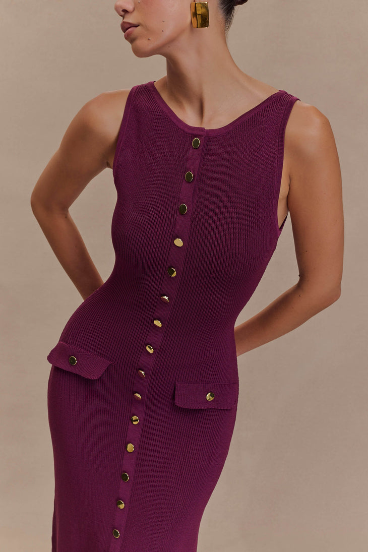 Sleeveless burgundy ribbed knit maxi dress with gold button front detail and hip pockets — Meshki | Endless UAE