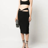 Black cut-out co-ord set with crop top and midi skirt featuring twisted waist detail — Patrizia Pepe | Endless UAE