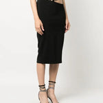 Black cut-out midi skirt with twisted waistband detail, styled with strappy heeled sandals — Patrizia Pepe | Endless UAE