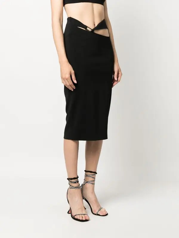 Black cut-out midi skirt with twisted waistband detail, styled with strappy heeled sandals — Patrizia Pepe | Endless UAE