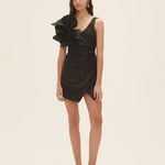 Black wrap mini dress with dramatic shoulder ruffle and feathered heels — Aje | Endless UAE